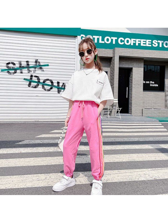 Girls' sports pants spring and autumn  new children's Korean color striped guard pants loose primary school students' leisure pants 