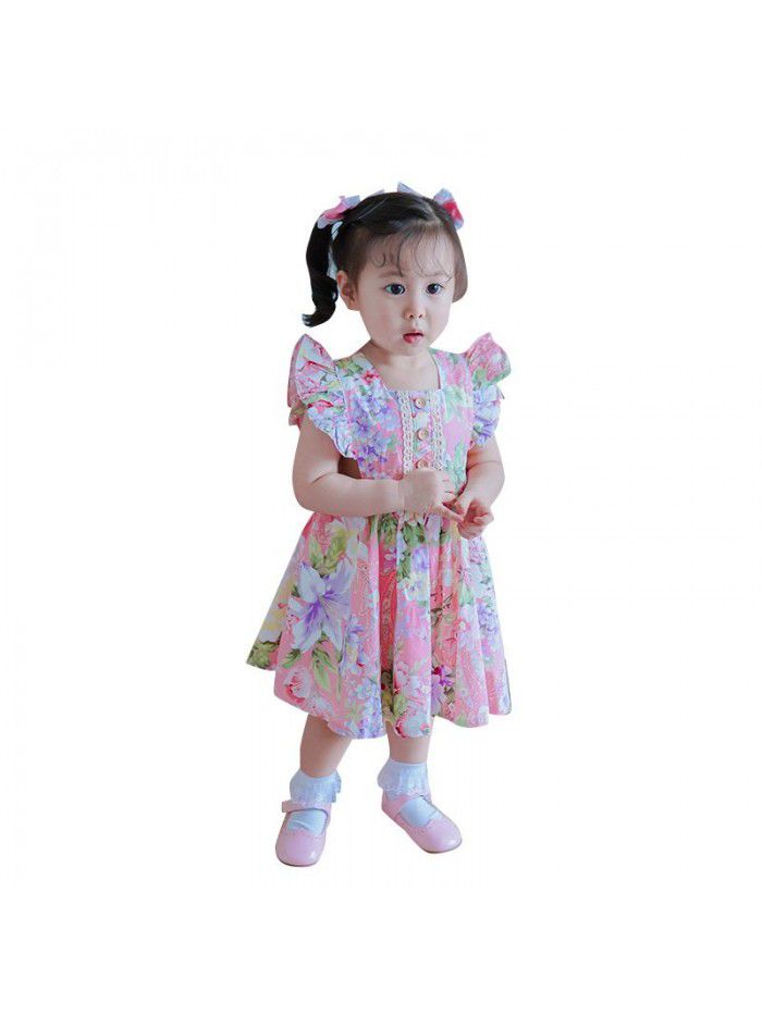 summer new children's dress European and American children's dress floral children's skirt medium length printed girl's dress 