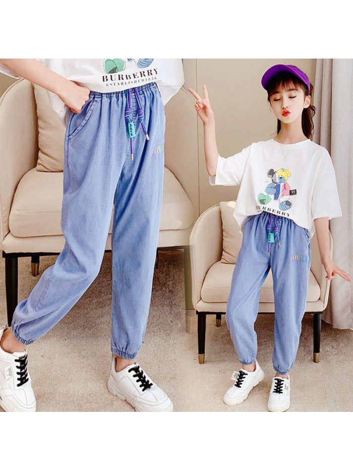 Girls' Tencel jeans summer ultra thin children's wear pants girls' middle school children's summer anti mosquito pants children's fashion 