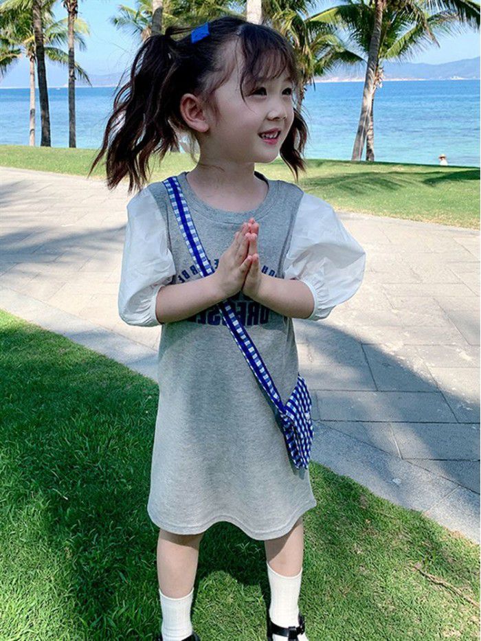 Girls' dress  summer dress new children's fashion fake two pieces of cotton skirt children's dress Korean long skirt 