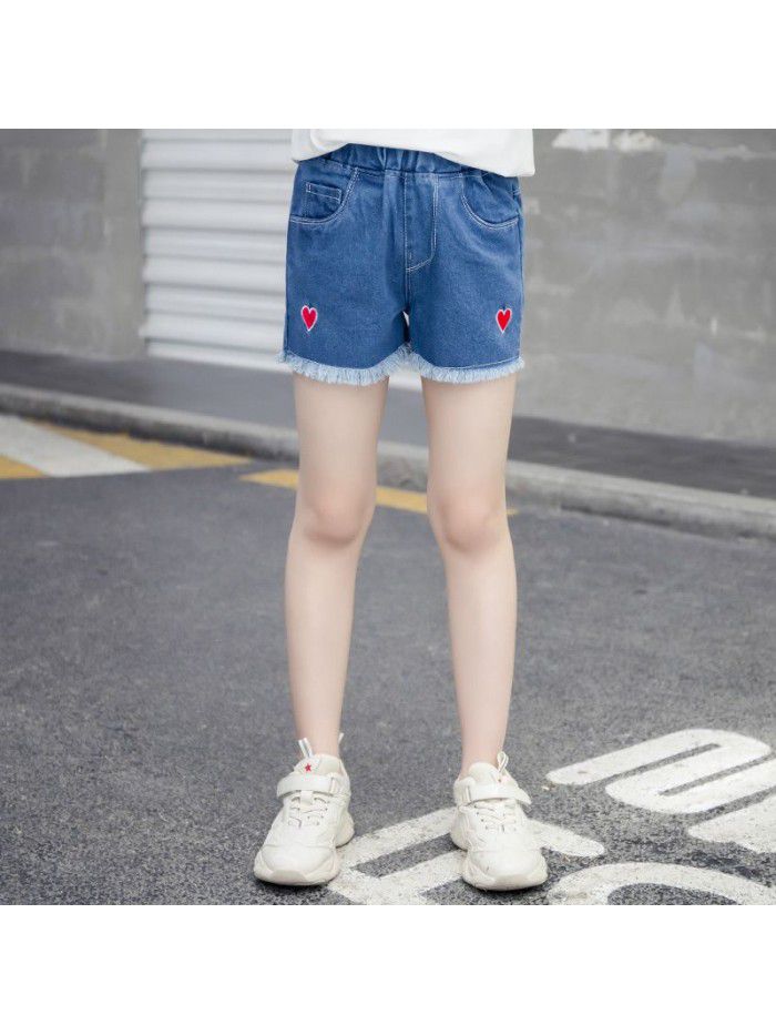 Girls' denim shorts summer wear  new Zhongda children's foreign style embroidery thin children's trousers Han banchao 