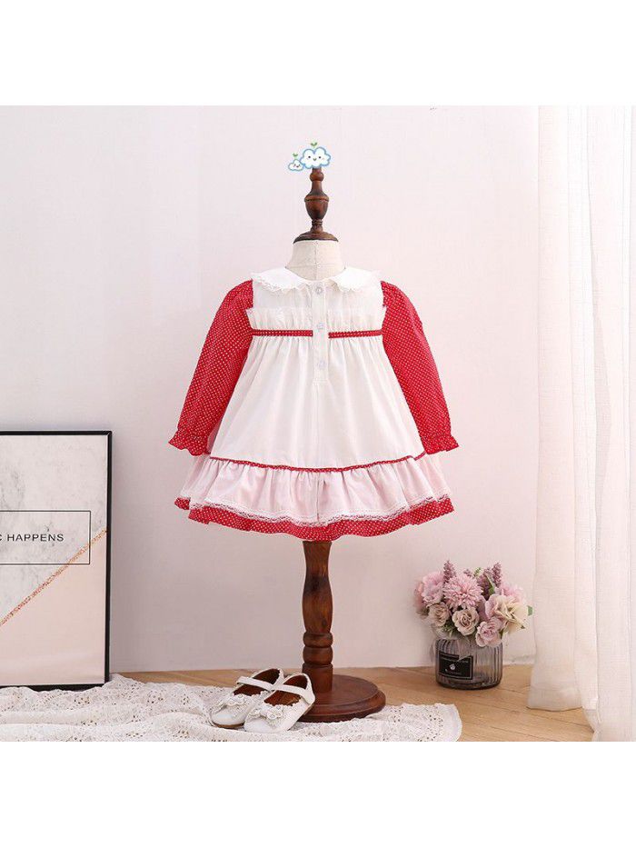 spring new children's Princess Dress wave point embroidery children's long sleeve dress foreign style Lolita skirt 