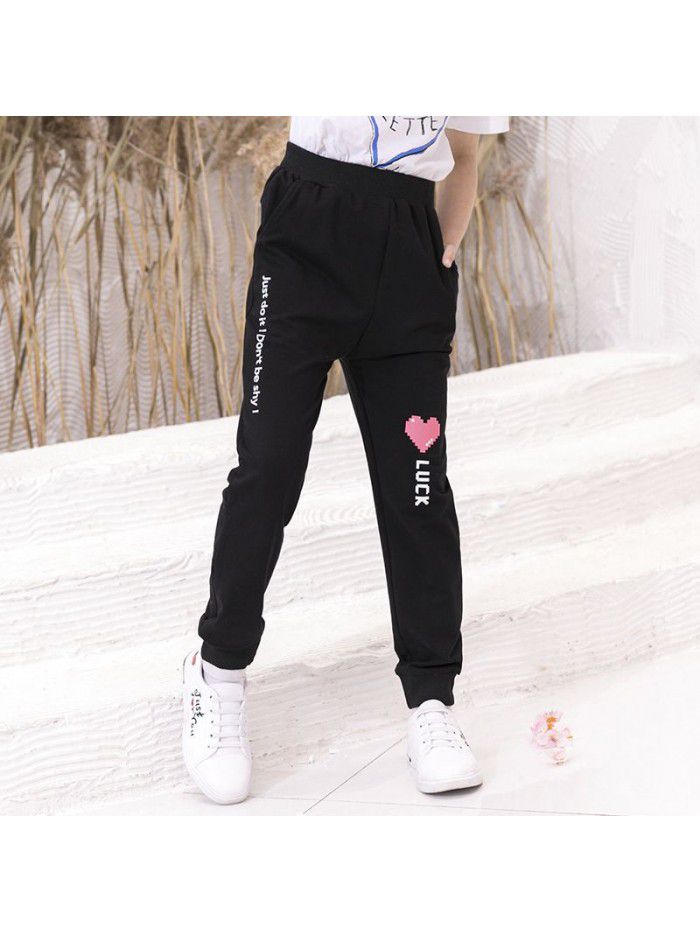 girls' casual pants autumn new children's pure cotton pants printed peach heart 