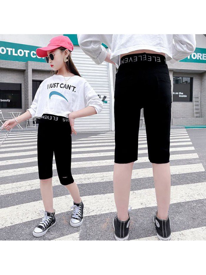 Girls' summer dress, western style, 5-point jeans, versatile high elastic pants, children's big children's casual pants and breeches 
