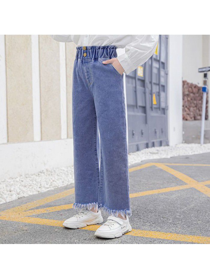 Girls' jeans spring and autumn dress foreign style loose spring straight wide leg pants spring middle school children's trousers children's trousers 