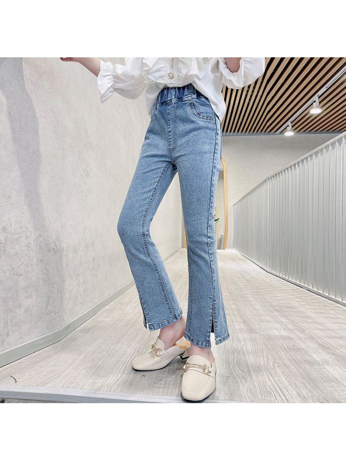 Girls' jeans  spring new children's wear Korean slim fit elastic open flared pants 
