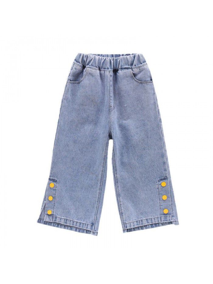 Girls' Capris jeans summer  new Korean Zhongda children's leisure wide leg pants thin pants 