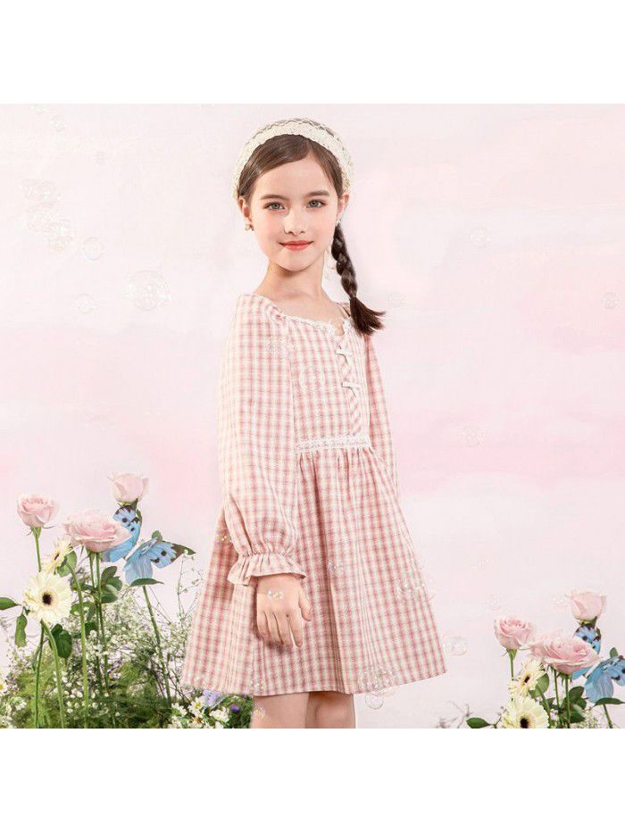 A new hair generation children's dress for spring  children's skirt lattice bubble sleeve girl's dress 