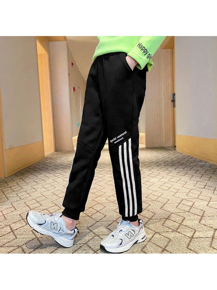 Girls' Plush pants children's men's autumn and winter three-layer Plush leisure sports warm trousers 