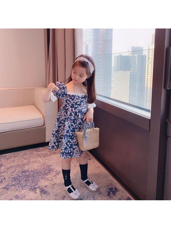  spring and summer new children's clothing girls' Korean floral dress bubble sleeve girls' mid length skirt small fresh 