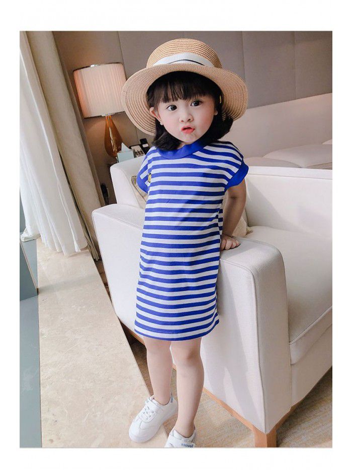 Children's wear  summer new girl's navy blue stripe sleeveless T-shirt dress 