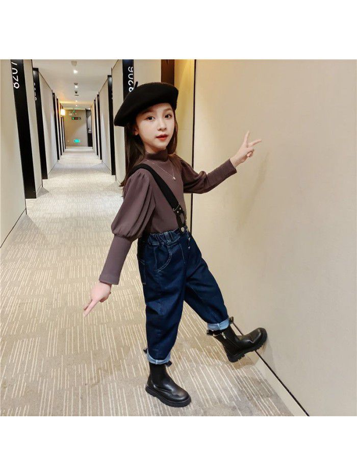 Girls' one shoulder loose fitting denim suspenders  spring new style foreign style Korean fashionable Chinese University Children's casual pants 