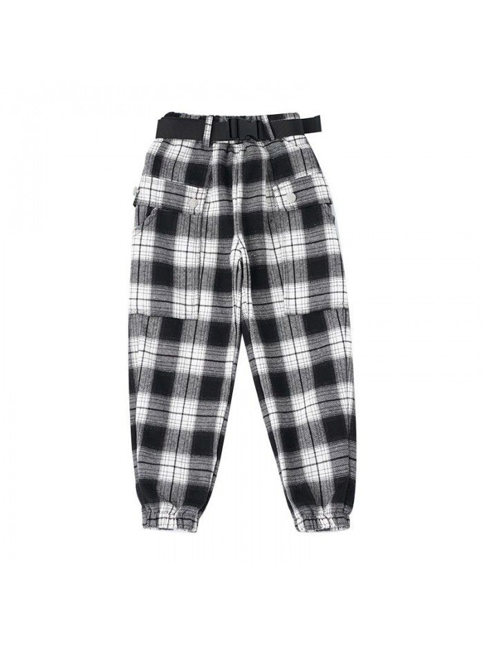 Girls' overalls  new spring and autumn children's plaid pants leisure foreign style children's spring pants Sports 