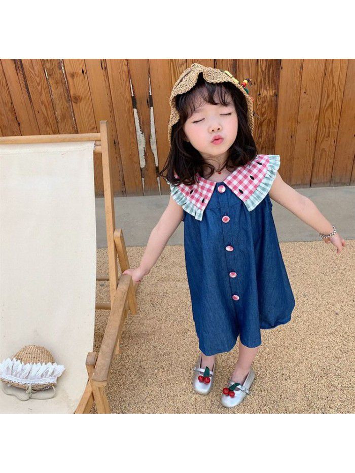 Girls skirt children cute cartoon Plaid Lapel pure dress denim skirt 20 summer new children's wear 