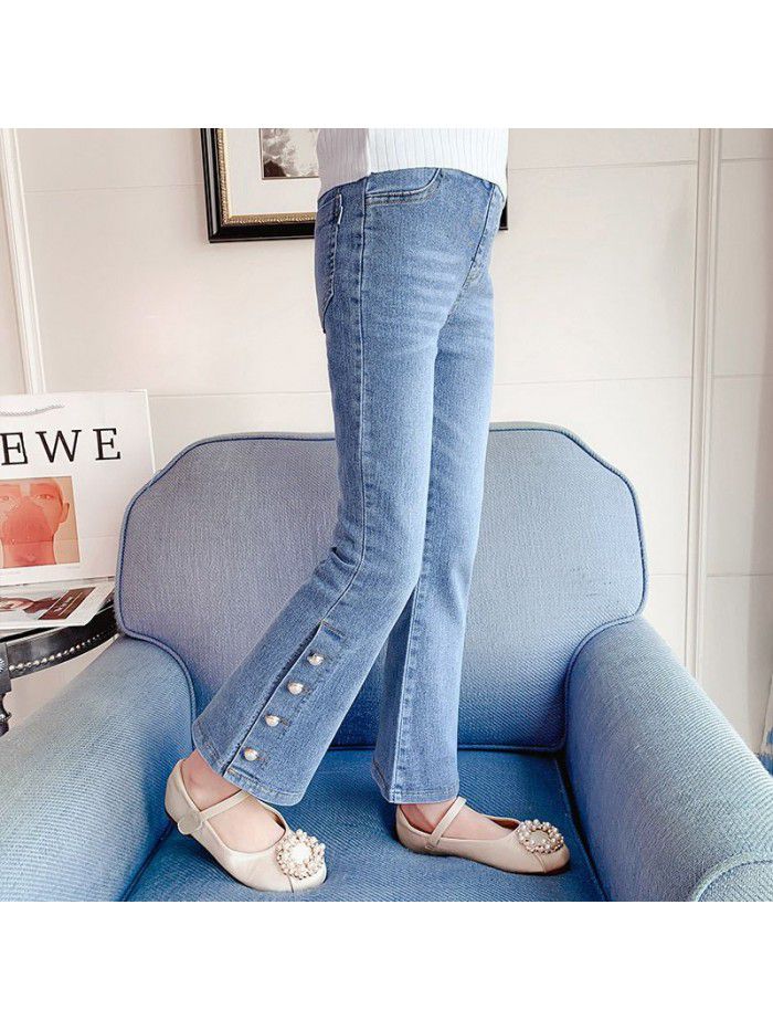 Girls' elastic jeans Korean slim four button bell bottom  new girls' fashionable Capris 