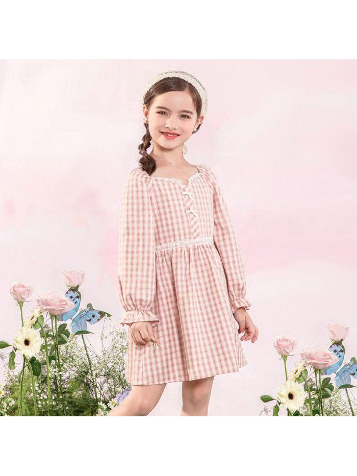 A new hair generation children's dress for spring  children's skirt lattice bubble sleeve girl's dress 