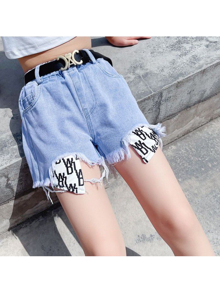 Girls' foreign style  summer new large pocket letter denim shorts children's high waist fashion hot pants fashion 