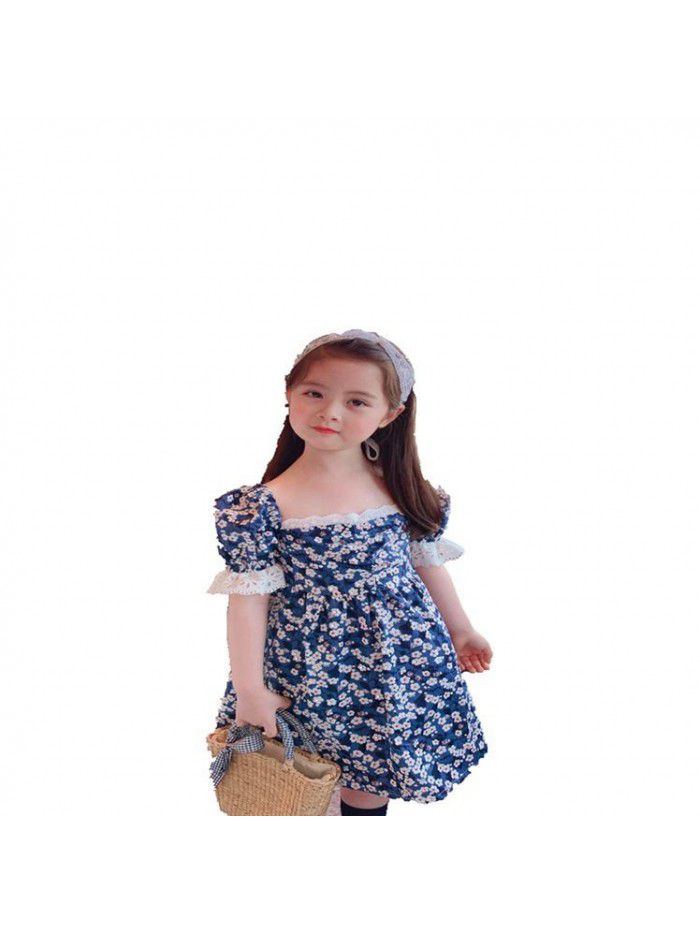  spring and summer new children's clothing girls' Korean floral dress bubble sleeve girls' mid length skirt small fresh 