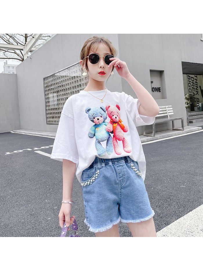 Girls' shorts summer  new fashion children's foreign style hot pants jeans wear girls' pearl pants summer dress 