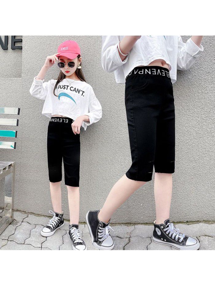 Girls' summer dress, western style, 5-point jeans, versatile high elastic pants, children's big children's casual pants and breeches 