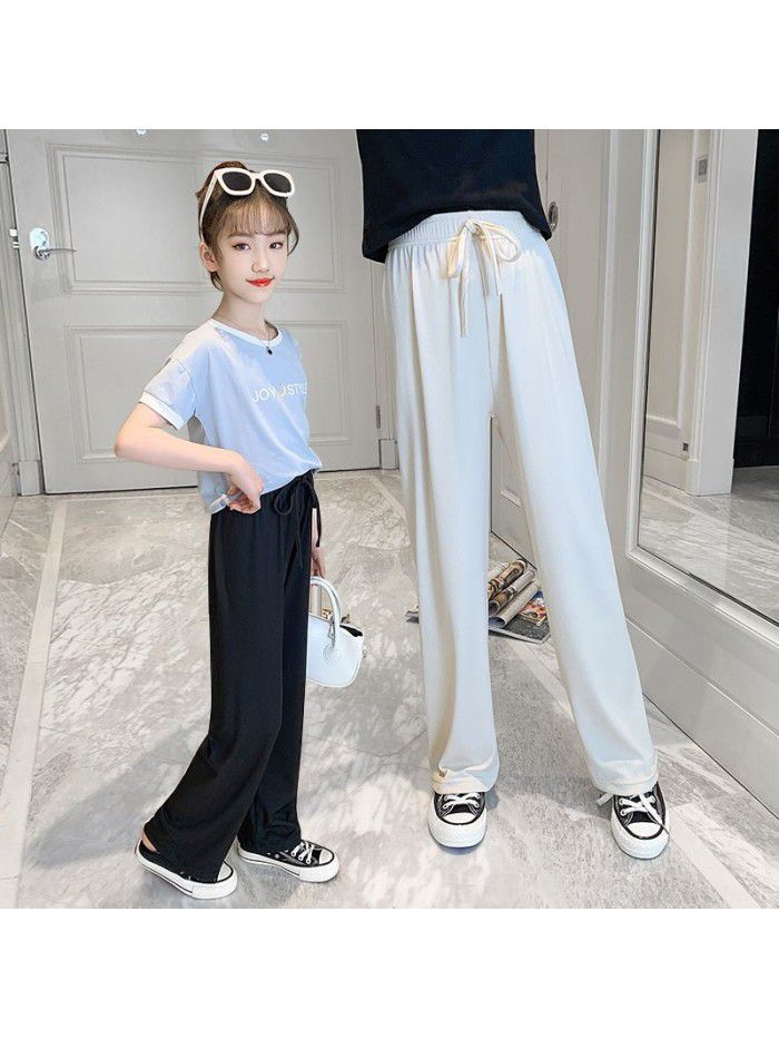 Girls' summer thin ice silk wide leg pants 