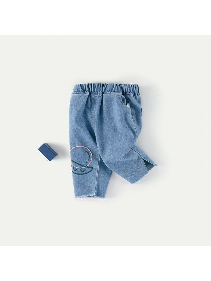 Amila children's new spring baby soft Jeans Girls' foreign style embroidery pants children's spring wear 