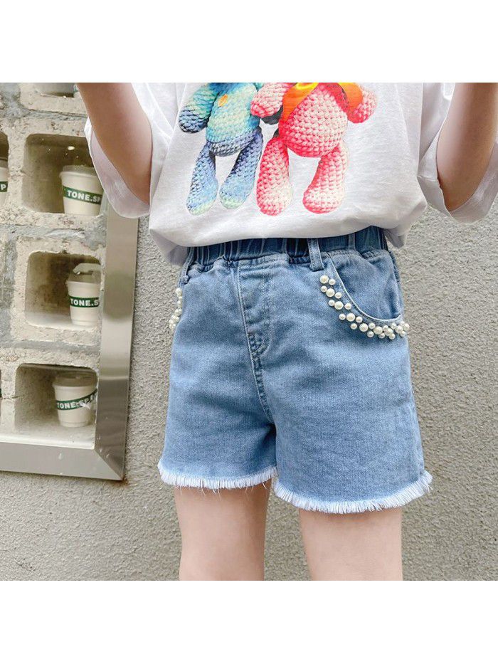 Girls' shorts summer  new fashion children's foreign style hot pants jeans wear girls' pearl pants summer dress 