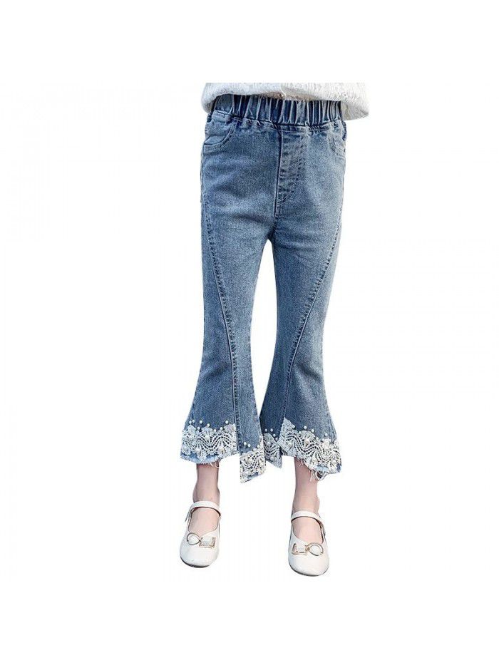 Girls' jeans spring and autumn thin  new baby girl foreign style lace flared pants little girl fashionable pants 