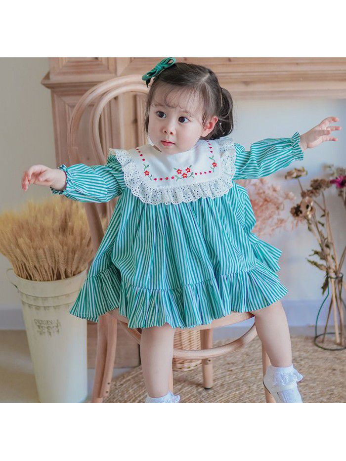 European and American children's wear  spring long sleeve children's dress middle and small children's stripe embroidery children's skirt Lapel girl's skirt 