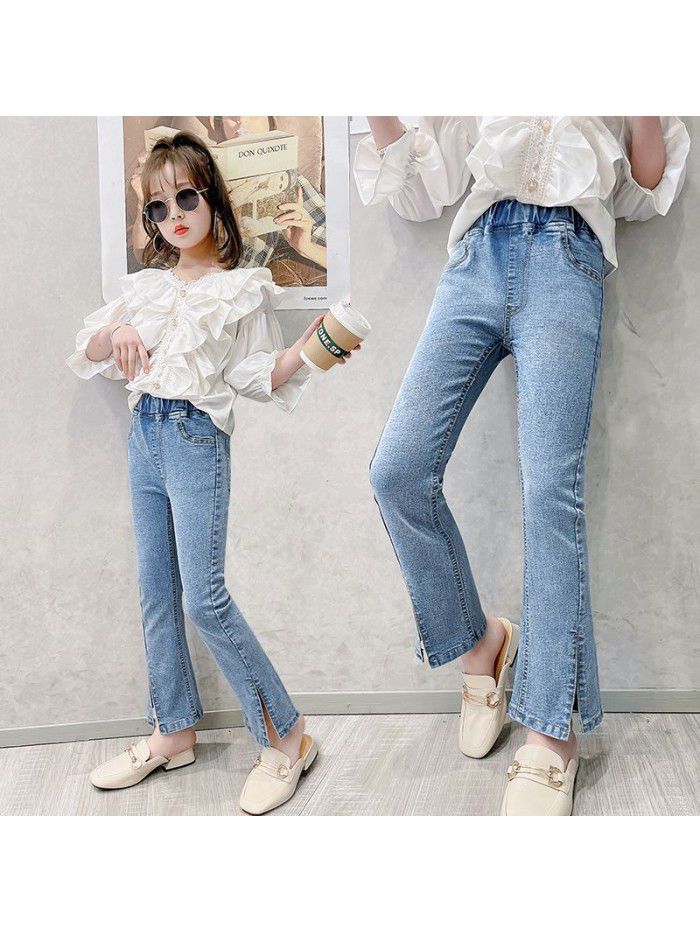 Girls' jeans  spring new children's wear Korean slim fit elastic open flared pants 