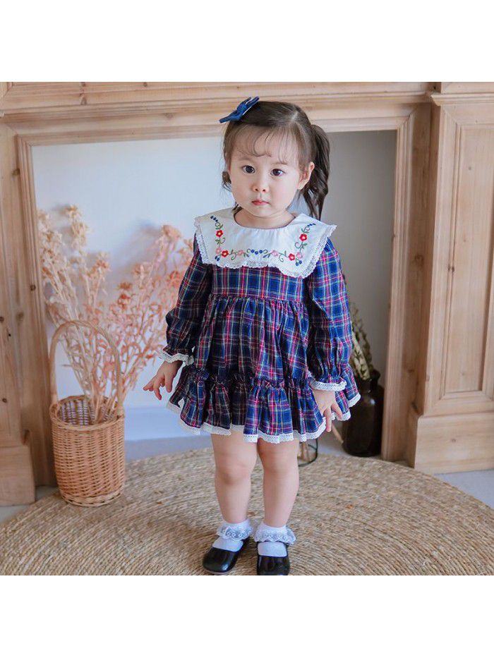  spring new long sleeve girl's dress European and American children's Plaid Skirt Western style children's Lapel embroidery skirt 