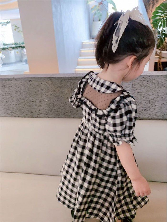 Girls' dress western style Korean version baby Lapel Plaid short sleeve hollow out skirt children's bubble sleeve princess skirt 
