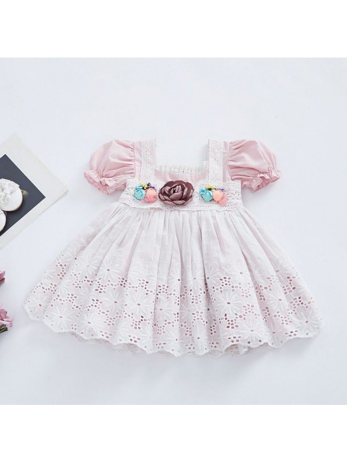 High quality spot Spanish children's wear French bubble sleeve Lolita girls' dress with hollow out fabric skirt 