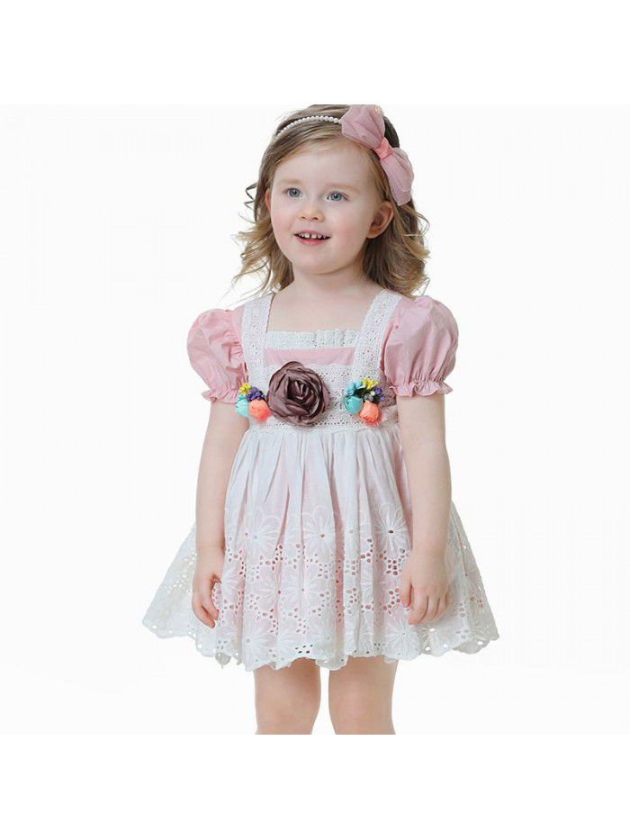High quality spot Spanish children's wear French bubble sleeve Lolita girls' dress with hollow out fabric skirt 