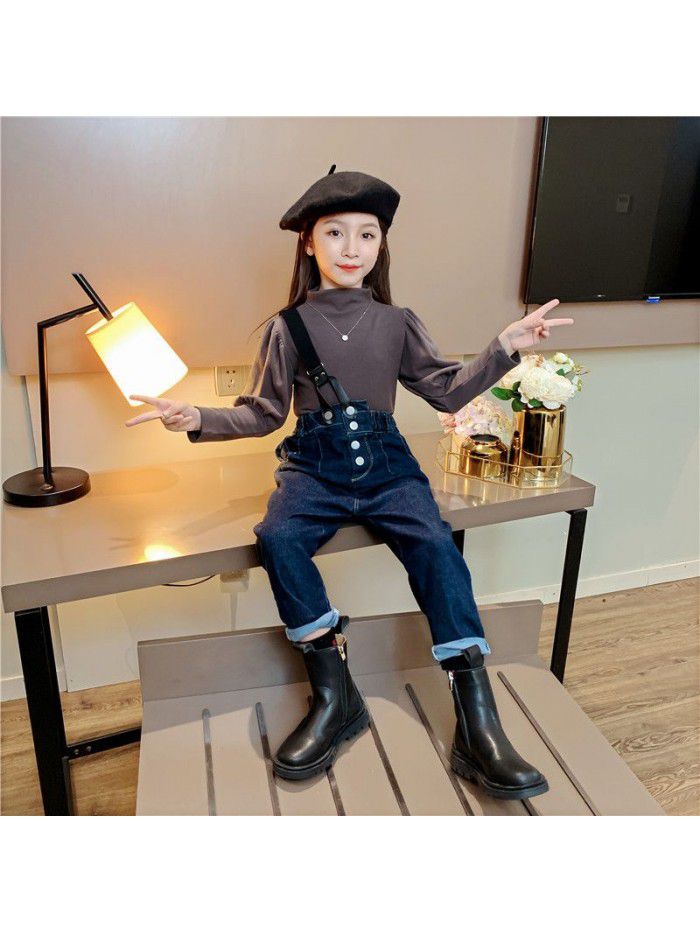 Girls' one shoulder loose fitting denim suspenders  spring new style foreign style Korean fashionable Chinese University Children's casual pants 