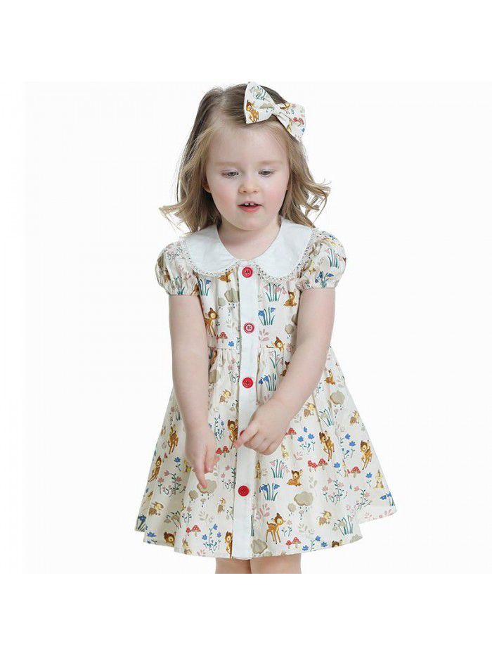 Girls' summer dress bubble sleeve European and American children's cartoon print  new foreign girl floral skirt 