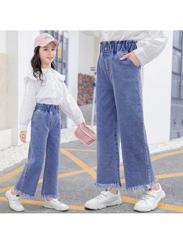 Girls' jeans spring and autumn dress foreign style loose spring straight wide leg pants spring middle school children's trousers children's trousers 