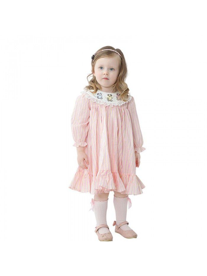 Spring new girl's princess dress girl's Long Sleeve Striped embroidered dress 