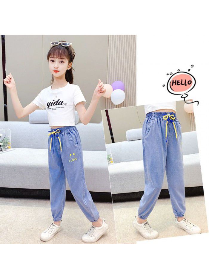 Girls' Tencel jeans summer children's thin loose anti mosquito pants 