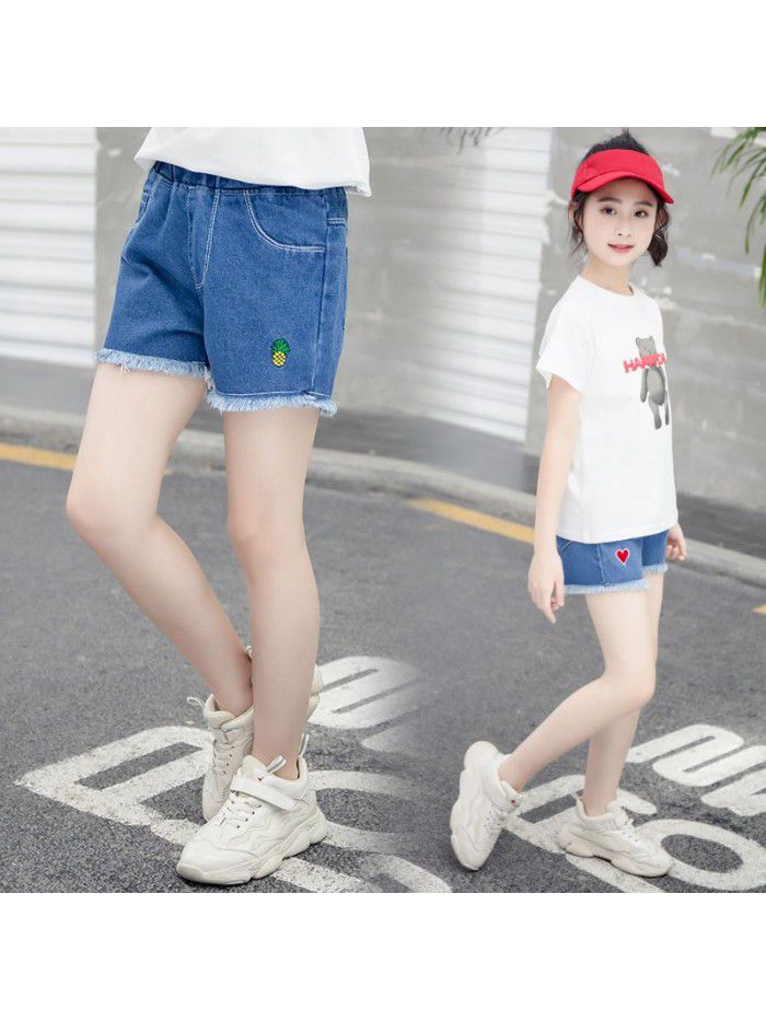 Girls' denim shorts summer wear  new Zhongda children's foreign style embroidery thin children's trousers Han banchao 