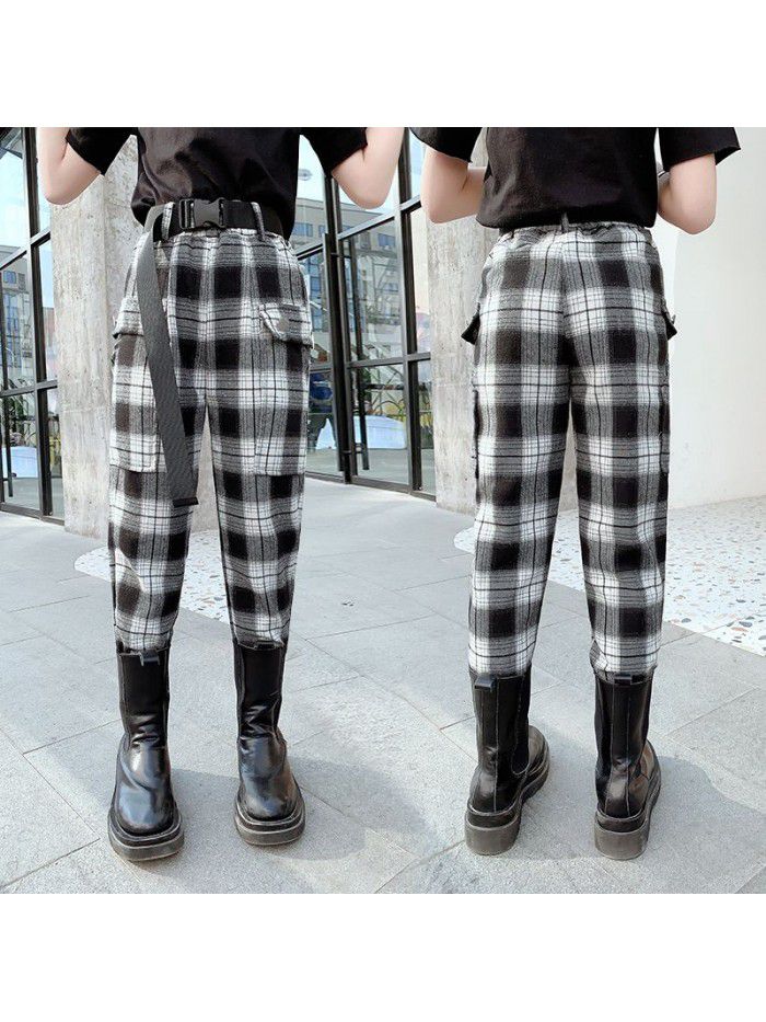 Girls' overalls  new spring and autumn children's plaid pants leisure foreign style children's spring pants Sports 