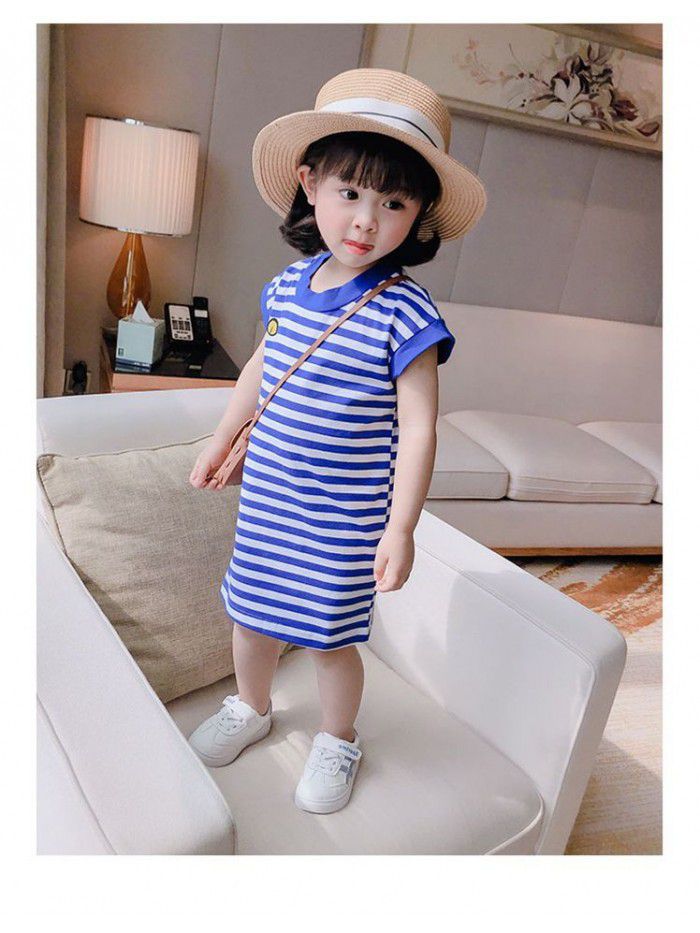 Children's wear  summer new girl's navy blue stripe sleeveless T-shirt dress 