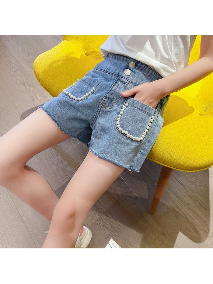 Girls' denim shorts  summer new hot pants pearl pocket net red foreign style children's pants 