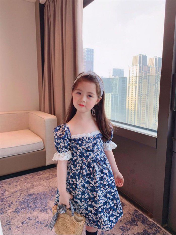  spring and summer new children's clothing girls' Korean floral dress bubble sleeve girls' mid length skirt small fresh 