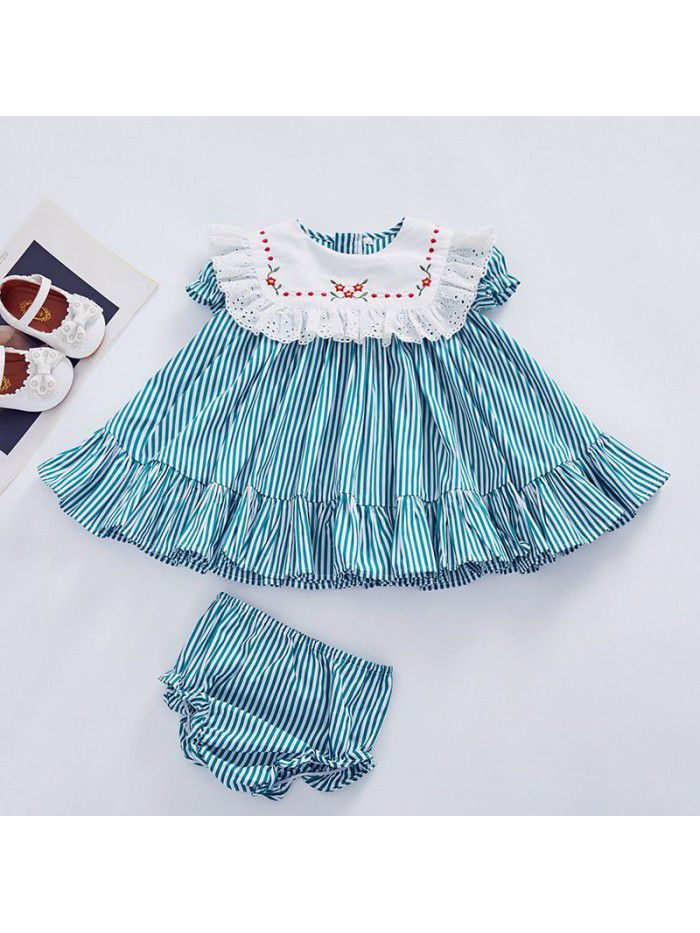 summer baby dress striped princess skirt suit short sleeve Lapel embroidered skirt European and American children's wear 