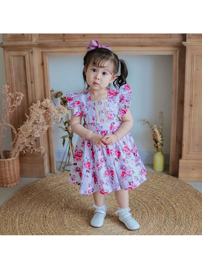 summer new children's dress European and American children's dress floral children's skirt medium length printed girl's dress 