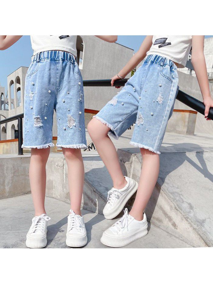 Girls' jeans  summer new pants pants breeches Capris fashion casual Korean perforated Shorts Girls 