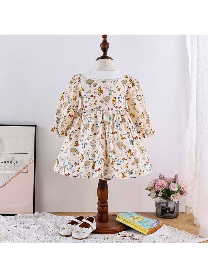 Spring new girl's dress cartoon print girl's Princess Dress European and American children's long sleeve Floral Dress 