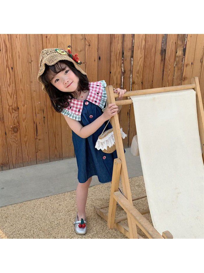 Girls skirt children cute cartoon Plaid Lapel pure dress denim skirt 20 summer new children's wear 