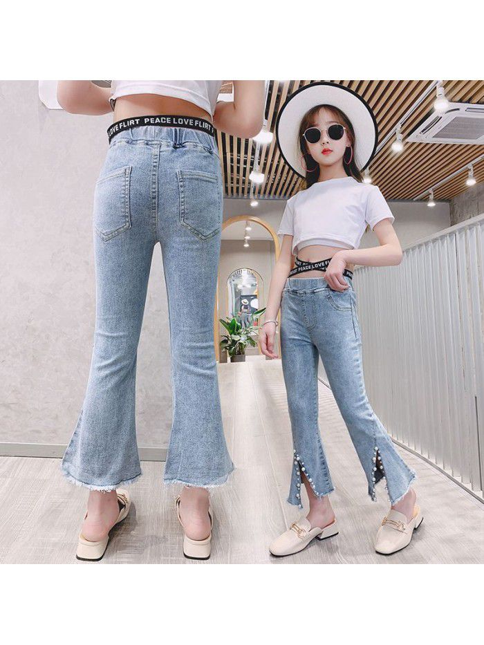 Girls' jeans flared pants spring and autumn  new Korean version of Chinese University Children's foreign style Capris elastic slim pants 